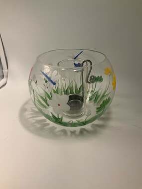Royal Danube Hand Painted Floral and Butterfly Glass Bowl with Center Insert